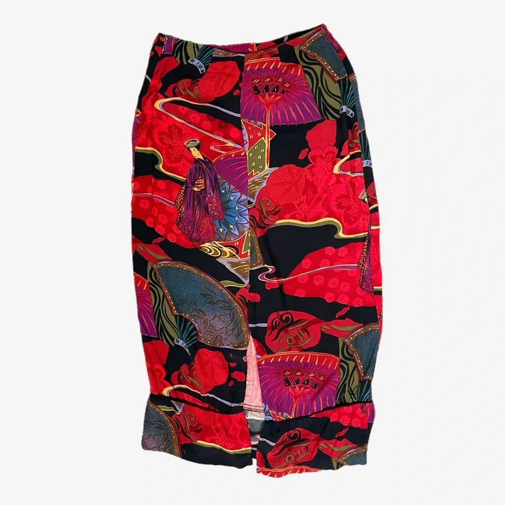 Vintage 90s Clio Red geisha graphic printed ruffle hem midi skirt eclectic XS/S